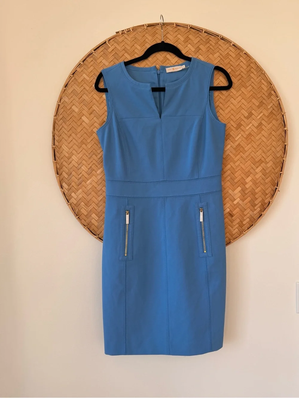 TORY BURCH CHELSEA SHEATH DRESS MONTEGO BLUE ZIPPERED ‎ POCKETS CORP-CORE MODEST